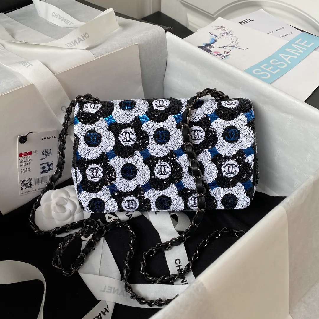 Chanel Mini Rectangular Flower Flap Bag Black, Navy and White Sequin - Image 3
