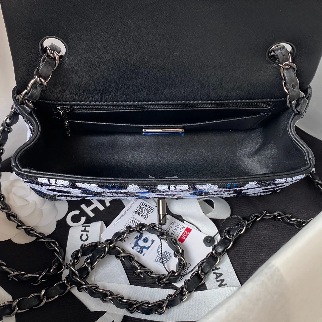 Chanel Mini Rectangular Flower Flap Bag Black, Navy and White Sequin - Image 8