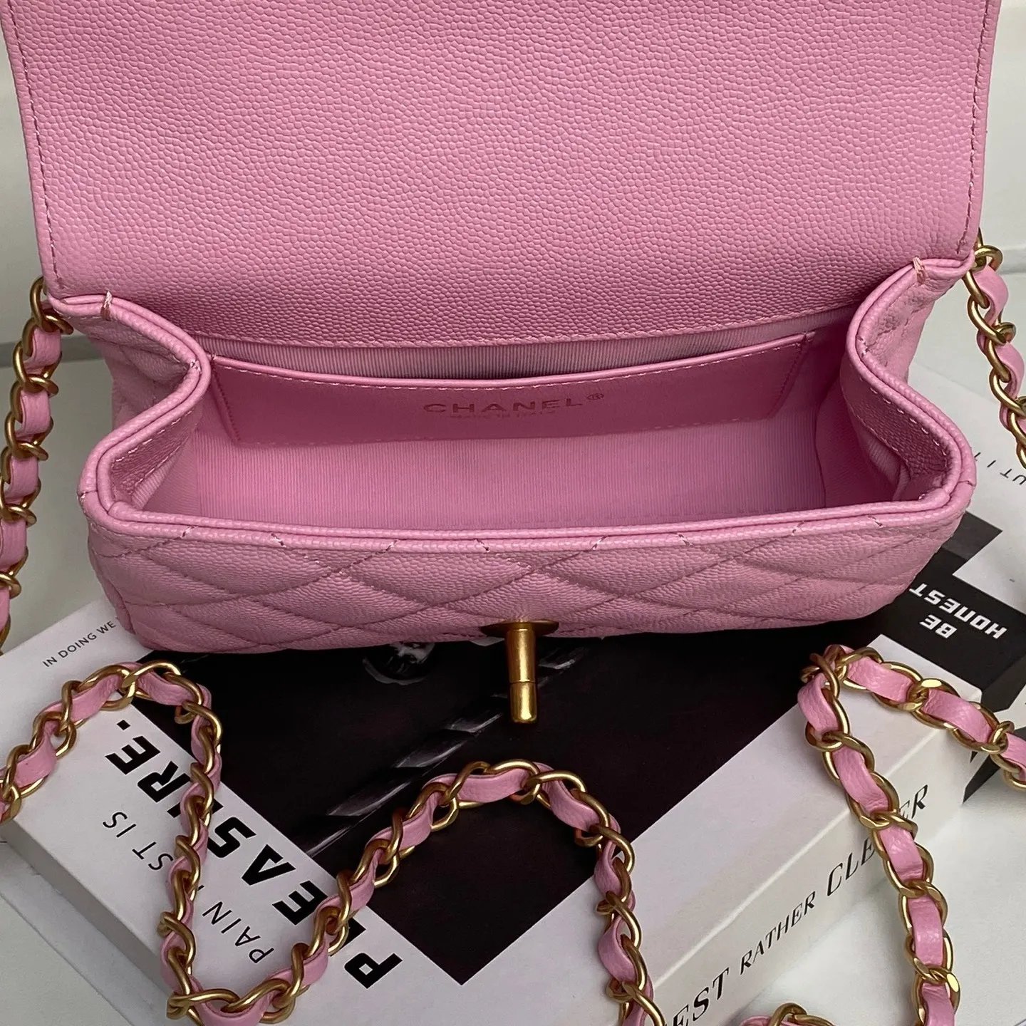 Chanel Mini Square Sakura Pink Caviar Vintage 24k Gold - Image 10