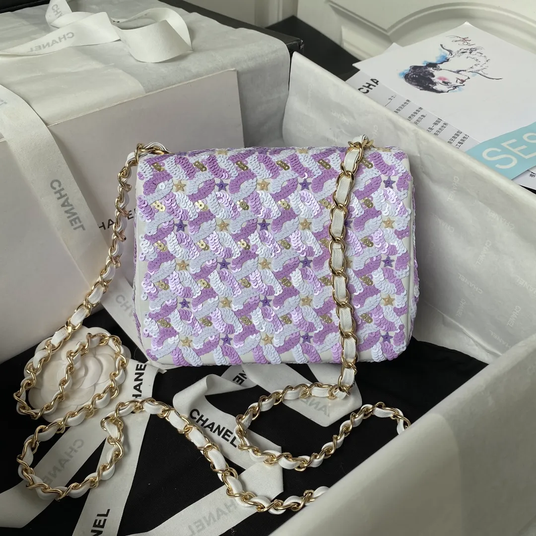 Chanel Women CC Mini Flap Bag Embroidered Satin Sequins Glass Beads Strass Star Sequins Purple White - Image 2