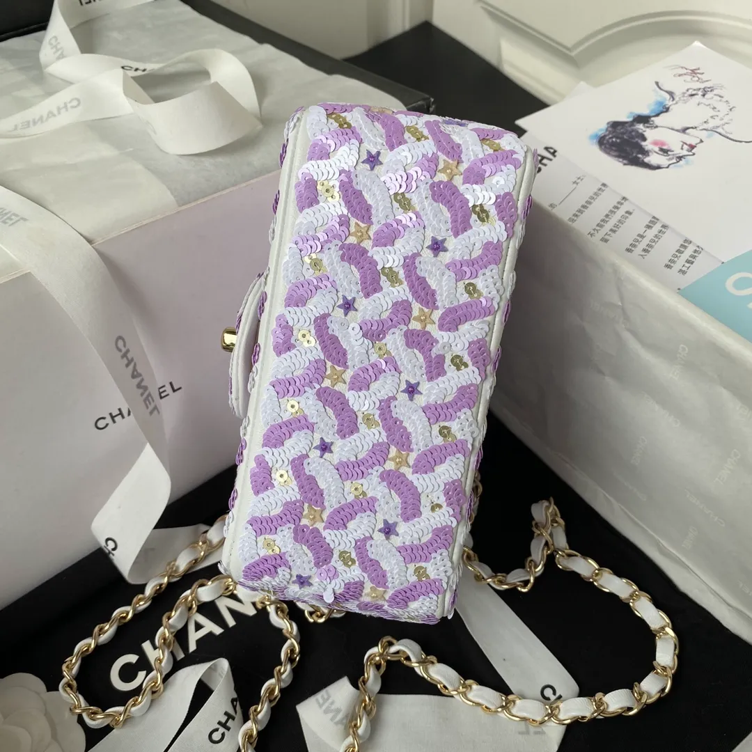 Chanel Women CC Mini Flap Bag Embroidered Satin Sequins Glass Beads Strass Star Sequins Purple White - Image 6