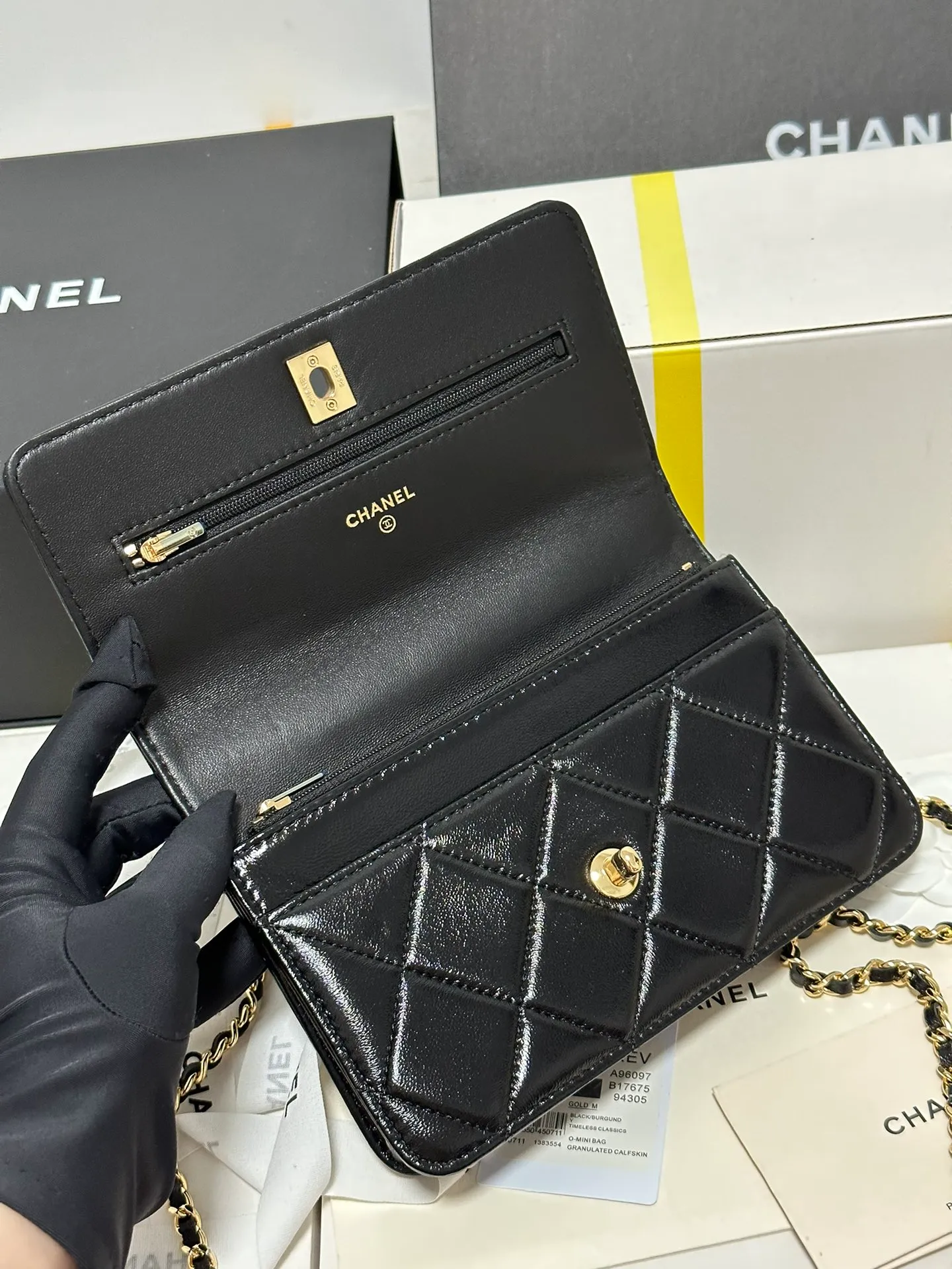 Mini Flap Bag, Shiny lambskin & Gold-tone metal, black - Image 10