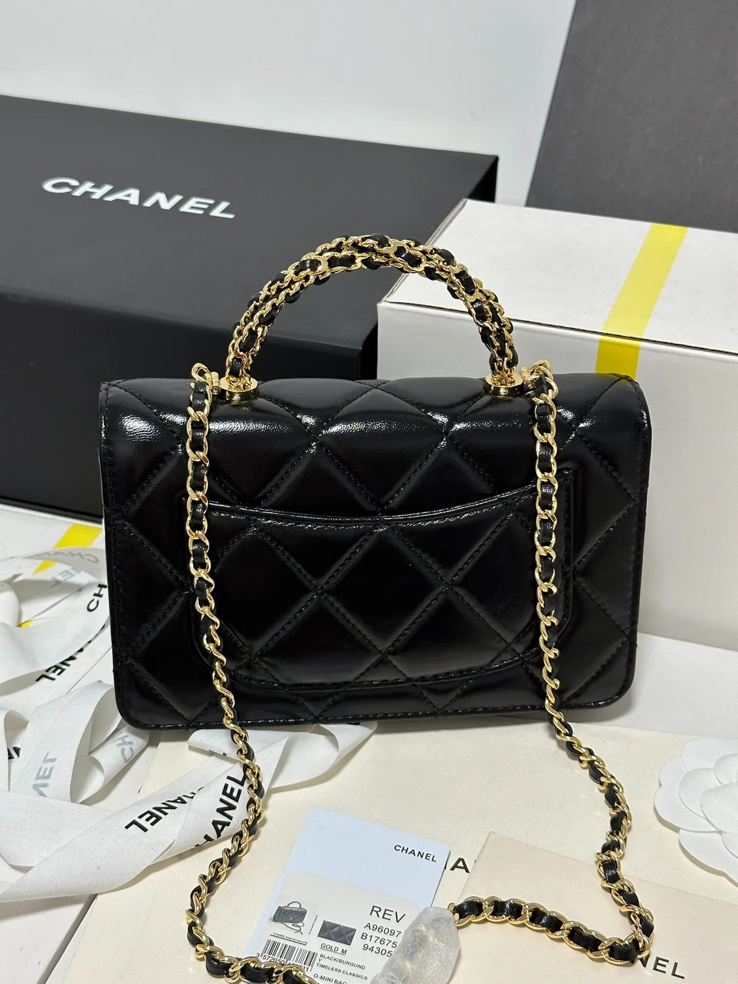 Mini Flap Bag, Shiny lambskin & Gold-tone metal, black - Image 2