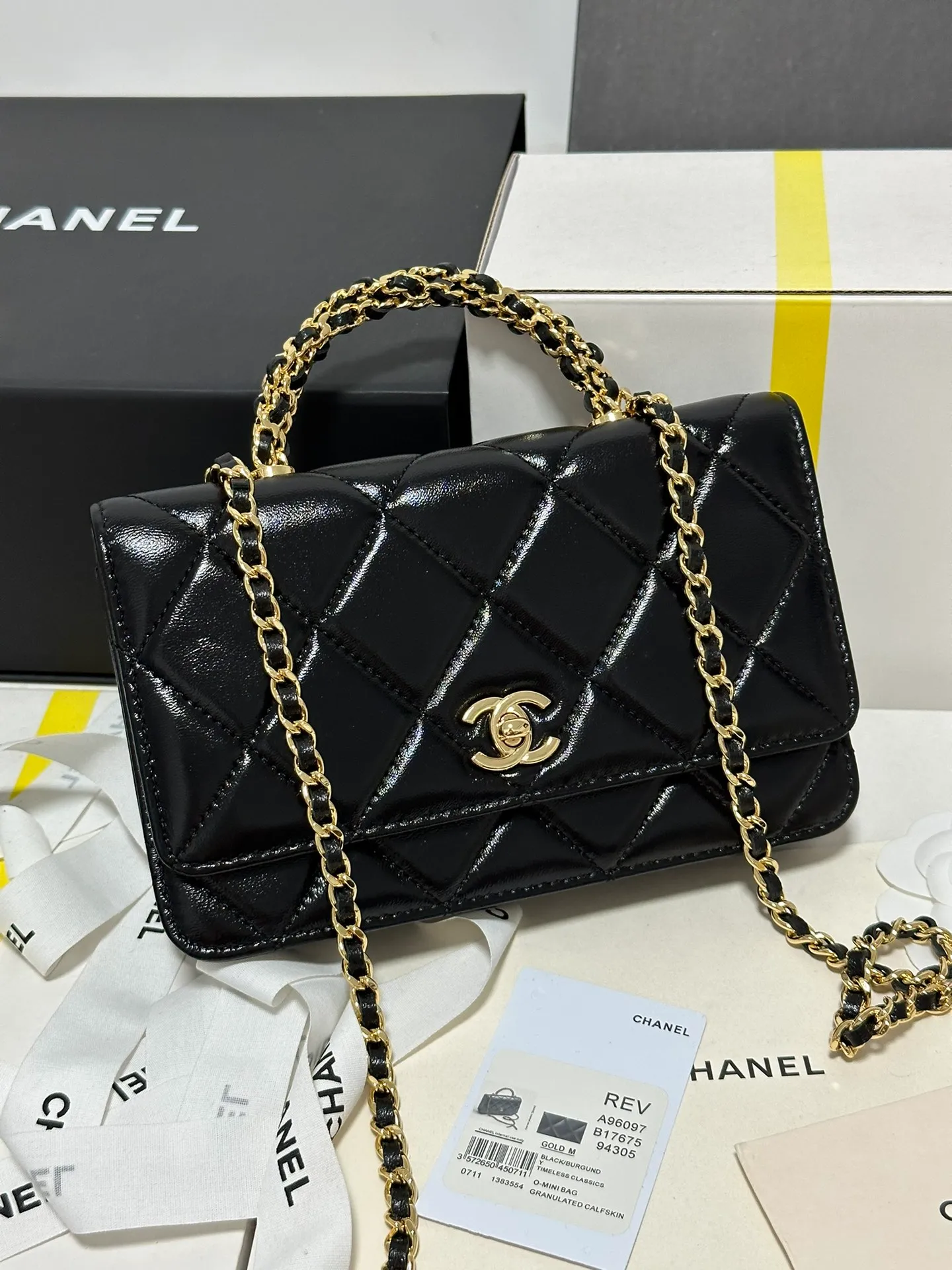 Mini Flap Bag, Shiny lambskin & Gold-tone metal, black