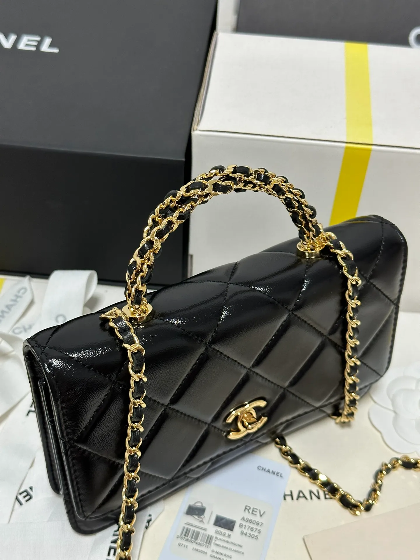Mini Flap Bag, Shiny lambskin & Gold-tone metal, black - Image 6