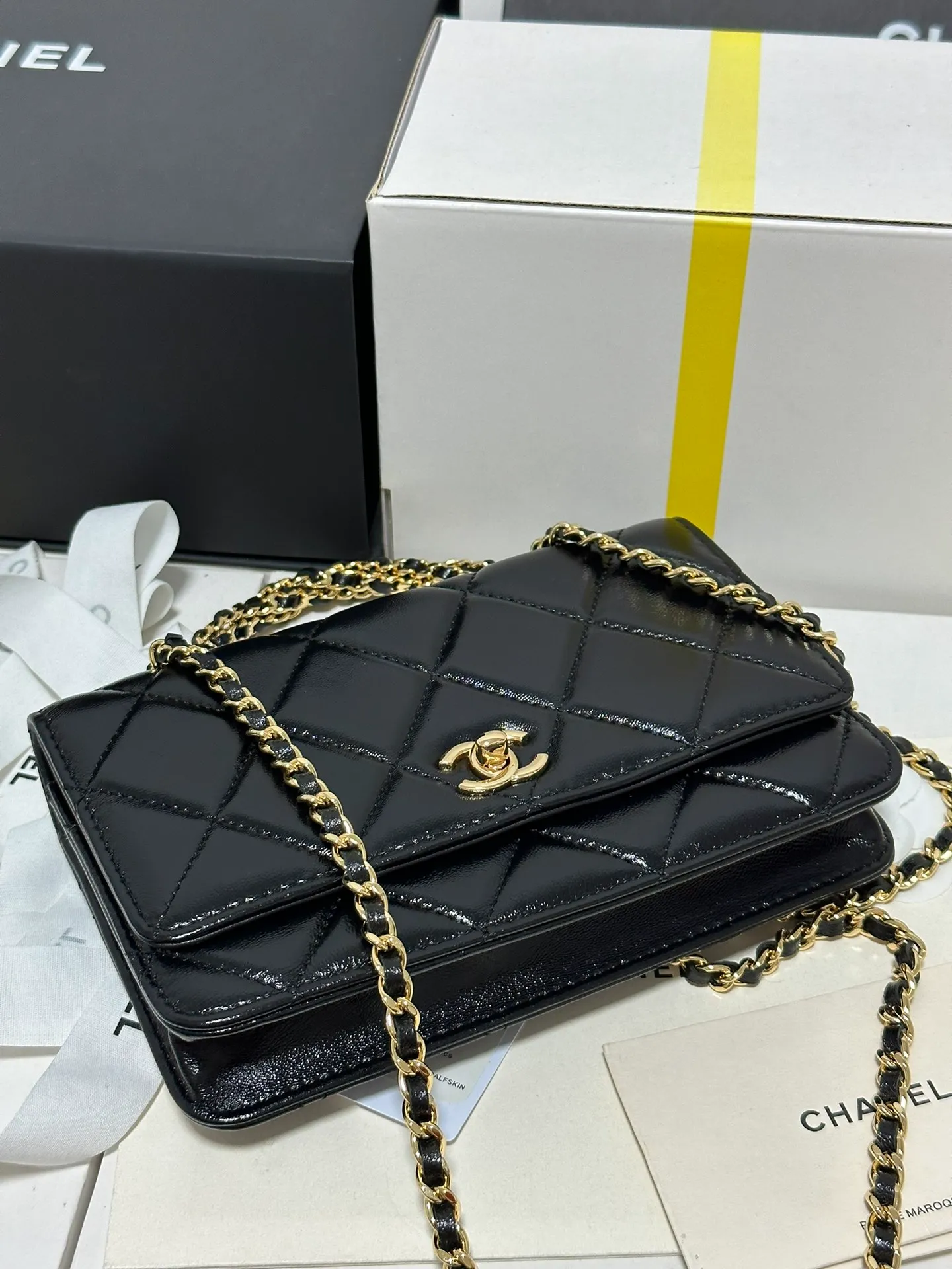 Mini Flap Bag, Shiny lambskin & Gold-tone metal, black - Image 8