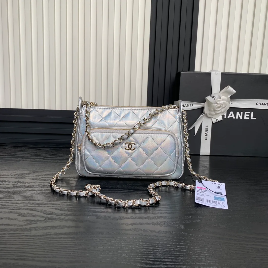 Chanel Silver Iridescent Quilted Patent Leather CC Chain Clutch Chanel