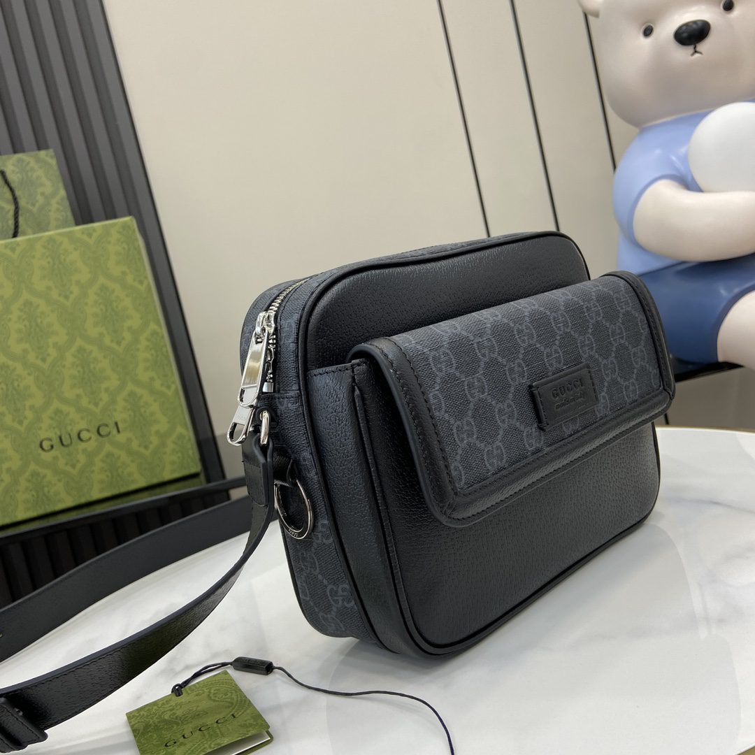 Gucci Black GG Supreme Canvas Black Leather Small Messenger - Image 3