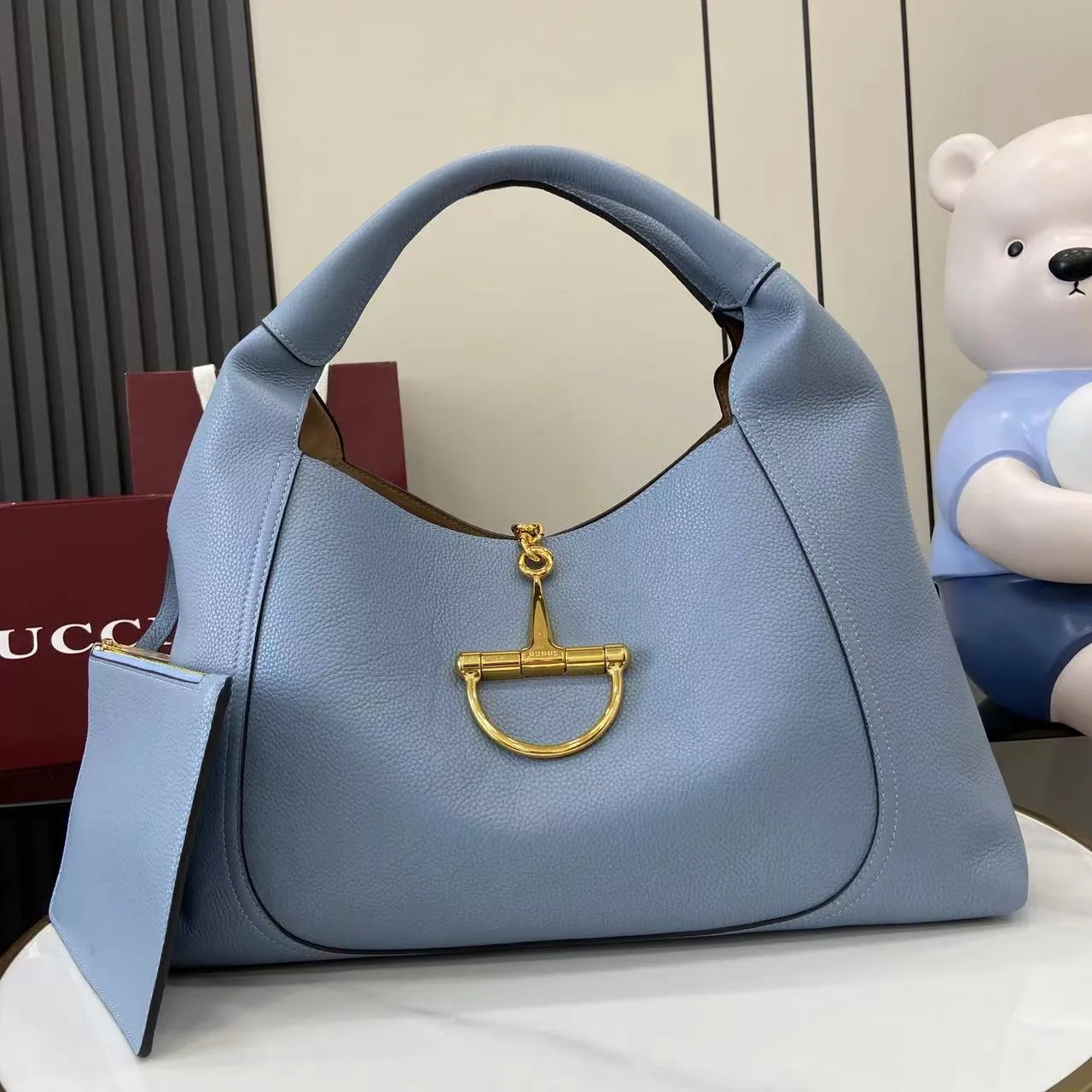 Gucci Softbit Medium Top Handle Bag in Dusty Blue Leather