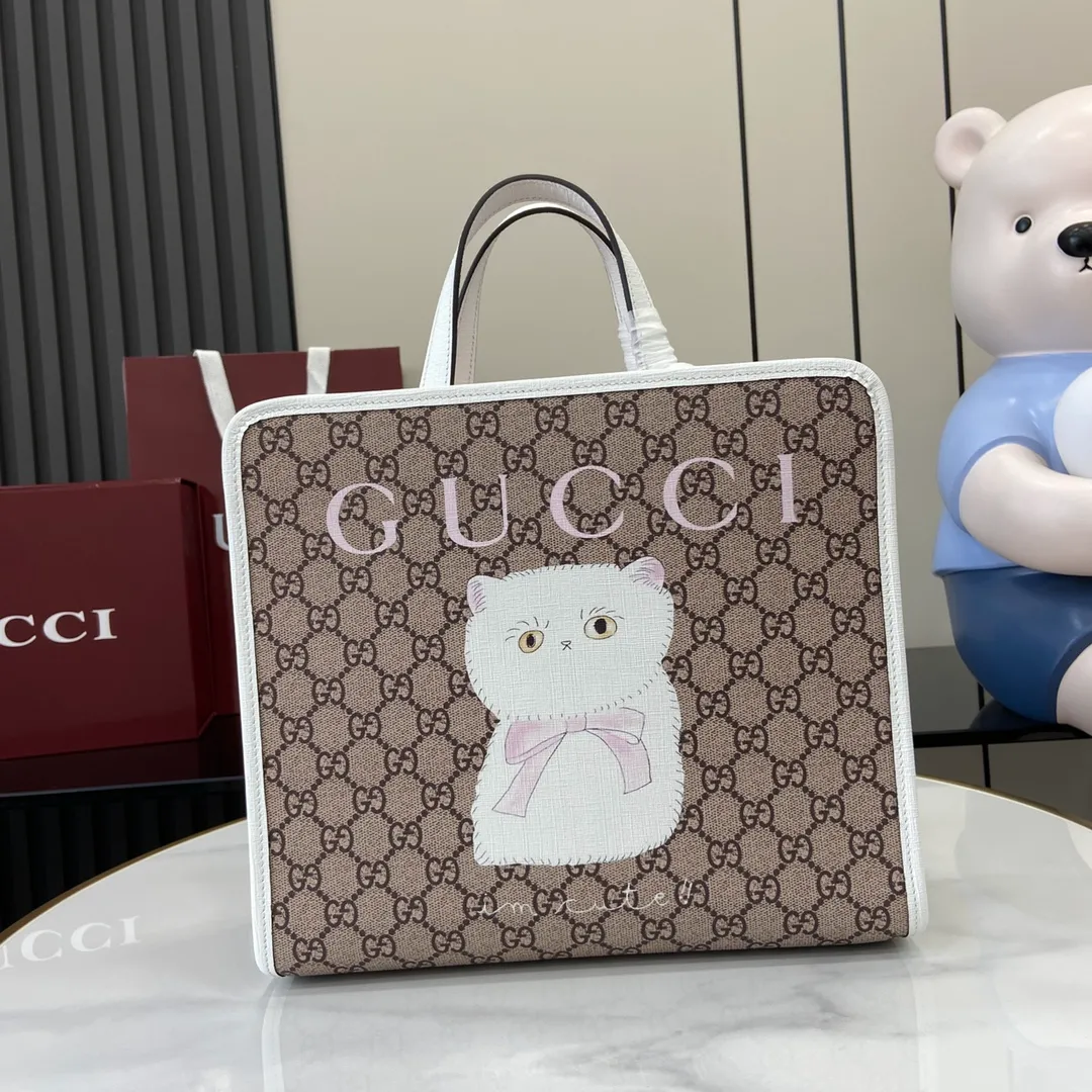 Children's printed GG tote bag in beige and dark brown - Image 4