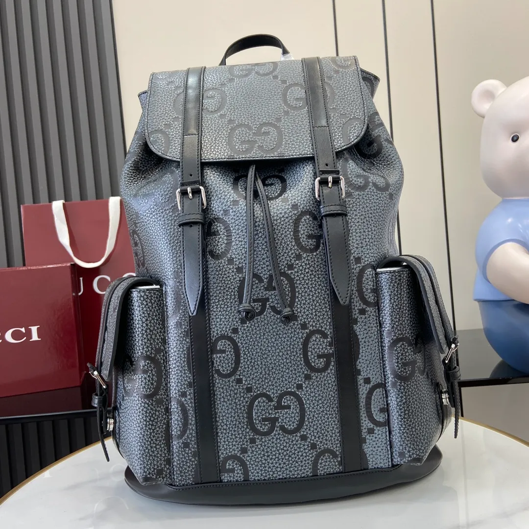 GG jumbo large backpack in grey and black GG leather
