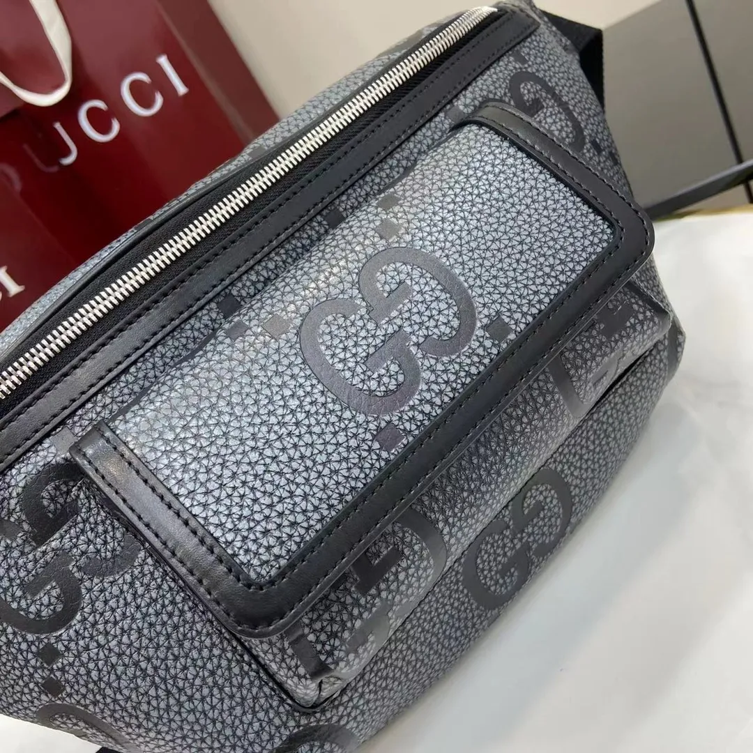 GG jumbo large belt bag in grey and black GG leather - Image 7