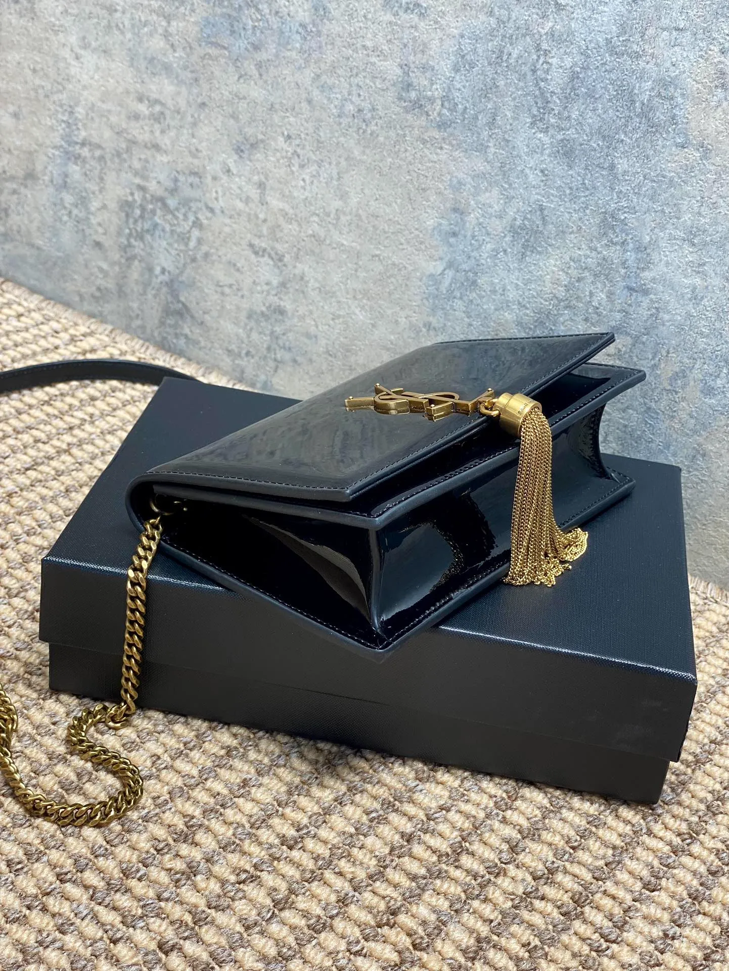 Saint Laurent Kate Tassel Chain Croc Embossed Shoulder Bag Black - Image 6