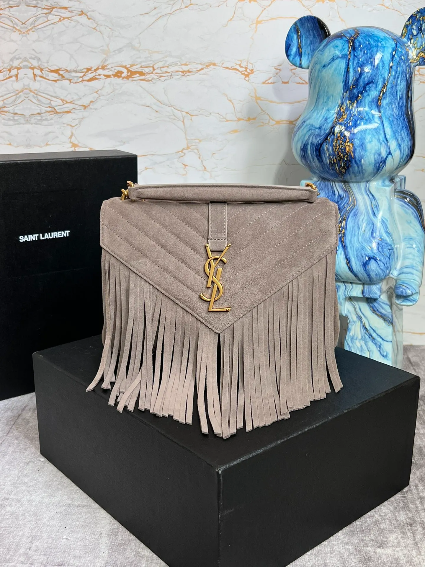 SAINT LAURENT College YSL Fringed Quilted-Suede Cross Body Bag