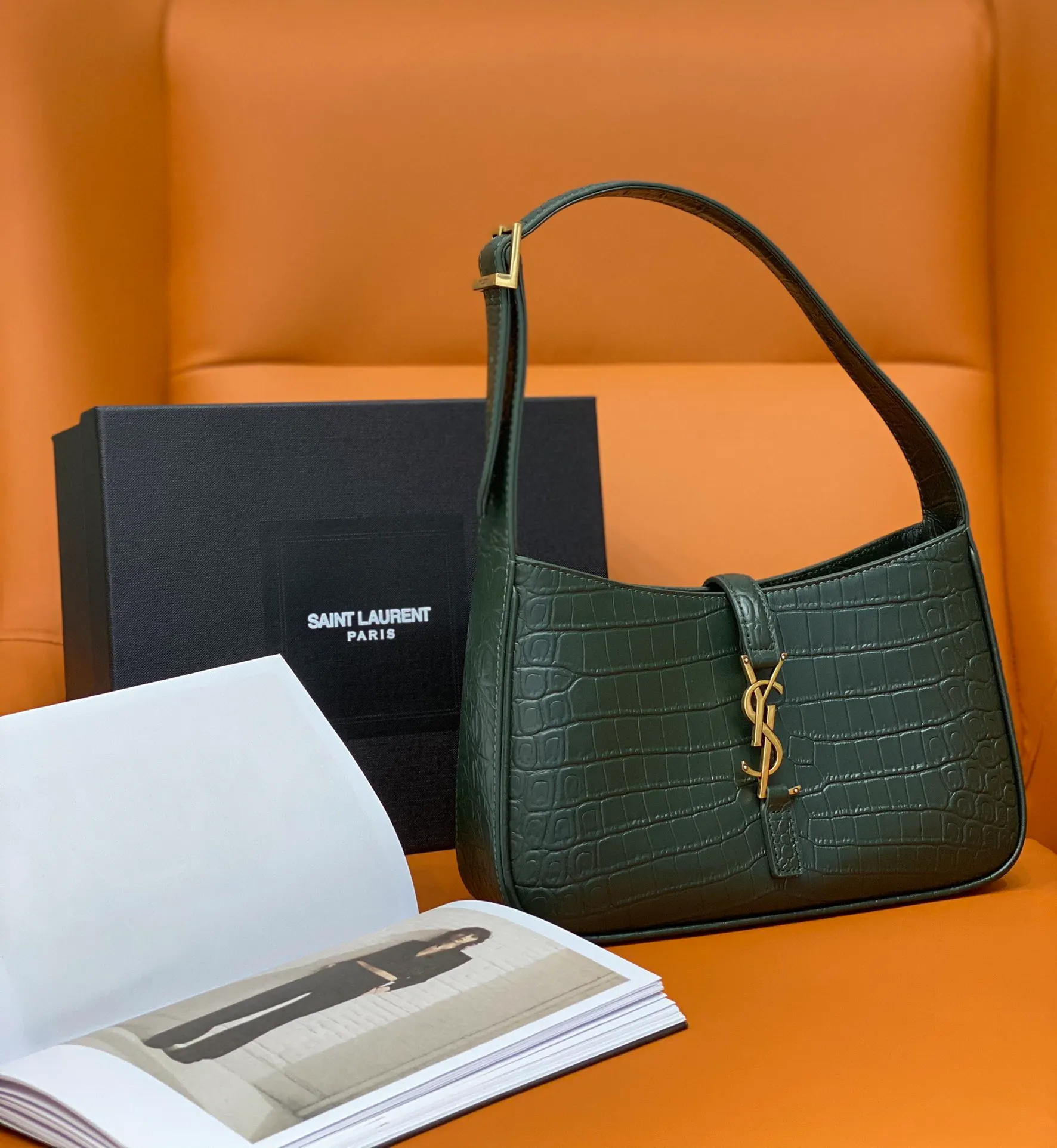 Saint Laurent Green Croc Embossed Leather Medium Sunset Shoulder Bag