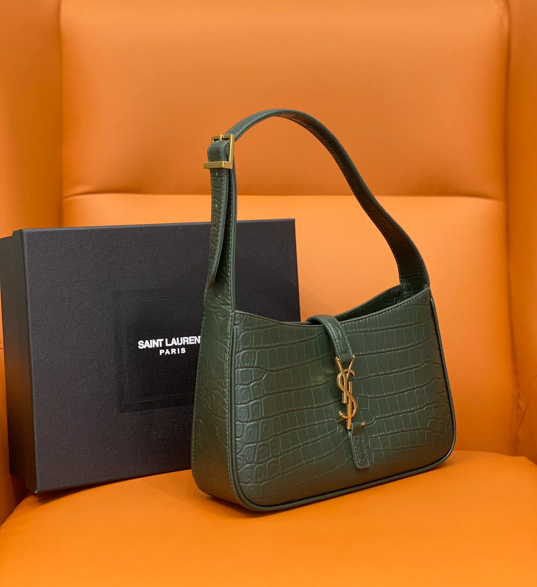 Saint Laurent Green Croc Embossed Leather Medium Sunset Shoulder Bag - Image 4