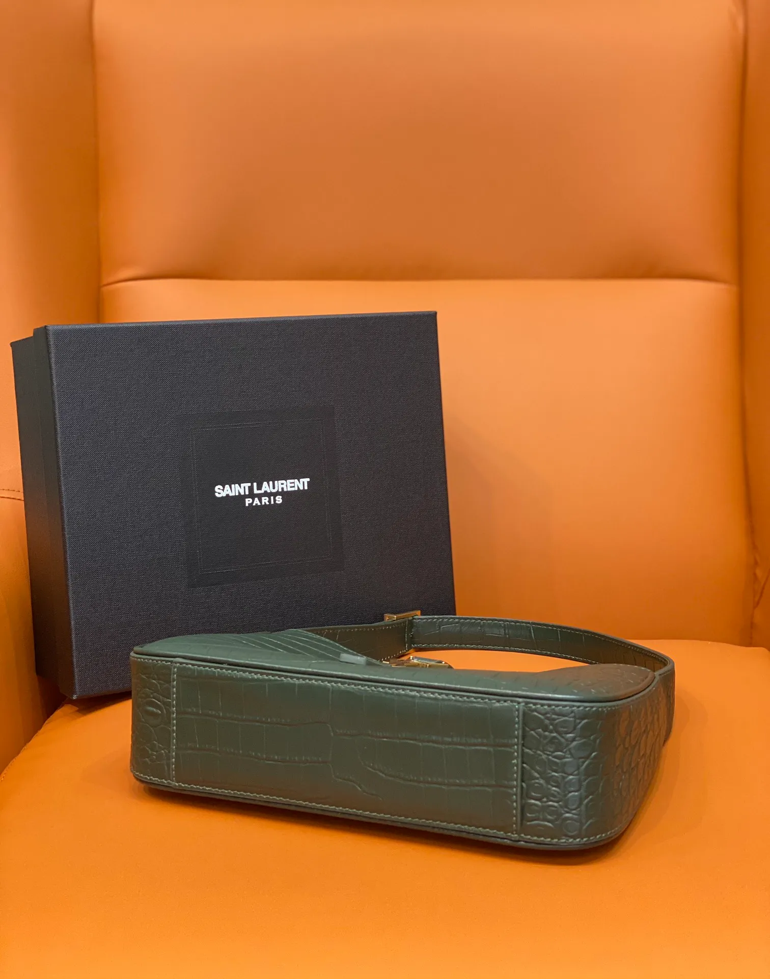 Saint Laurent Green Croc Embossed Leather Medium Sunset Shoulder Bag - Image 5