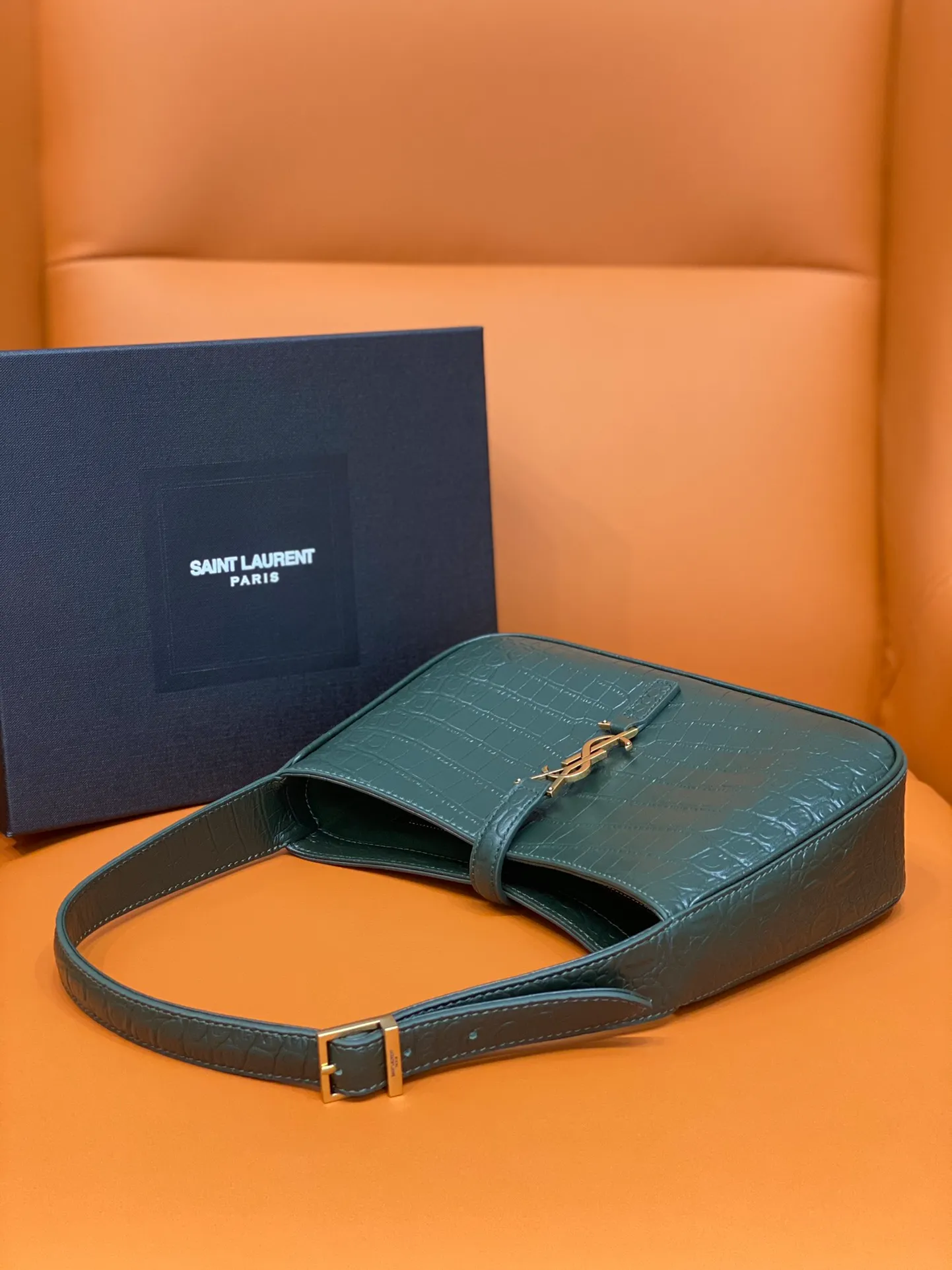 Saint Laurent Green Croc Embossed Leather Medium Sunset Shoulder Bag - Image 6