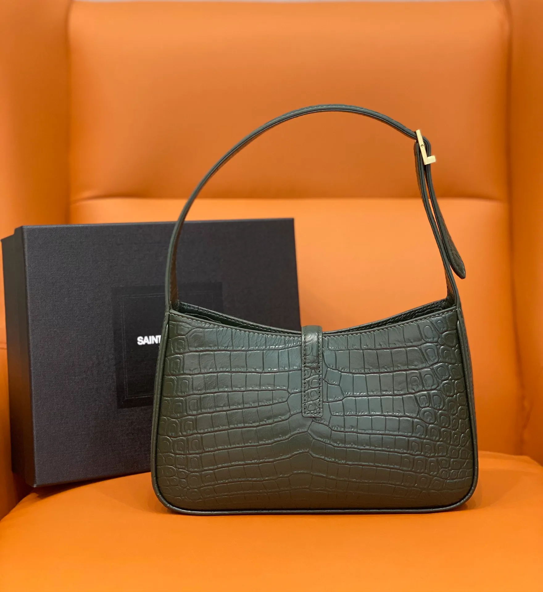 Saint Laurent Green Croc Embossed Leather Medium Sunset Shoulder Bag - Image 9