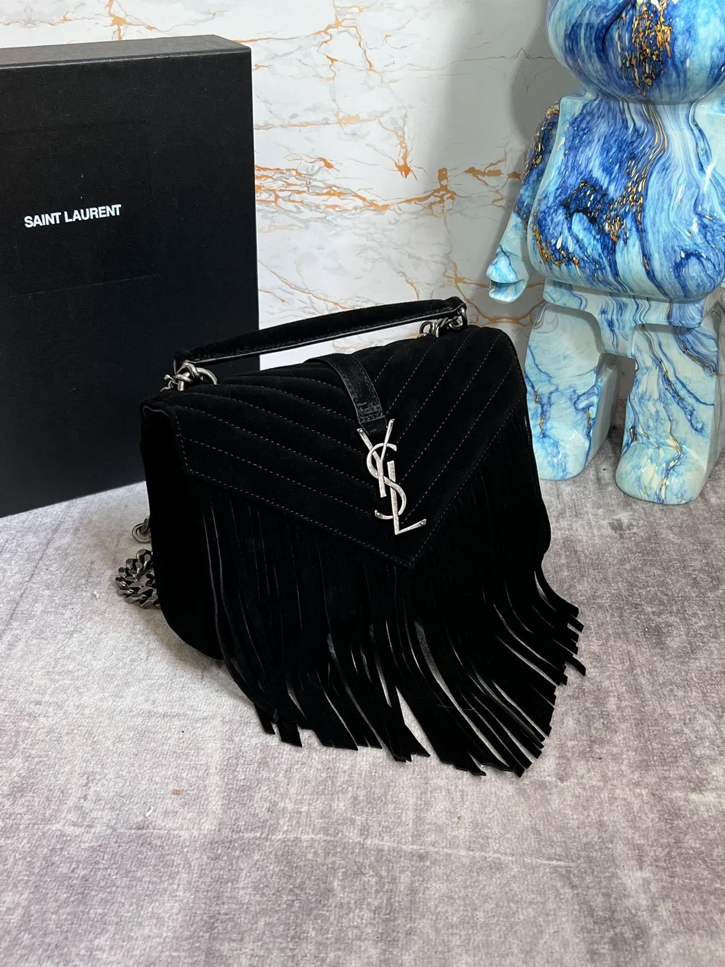 YSL College Medium Chain Bag In Light Suede With Fringes - Image 4