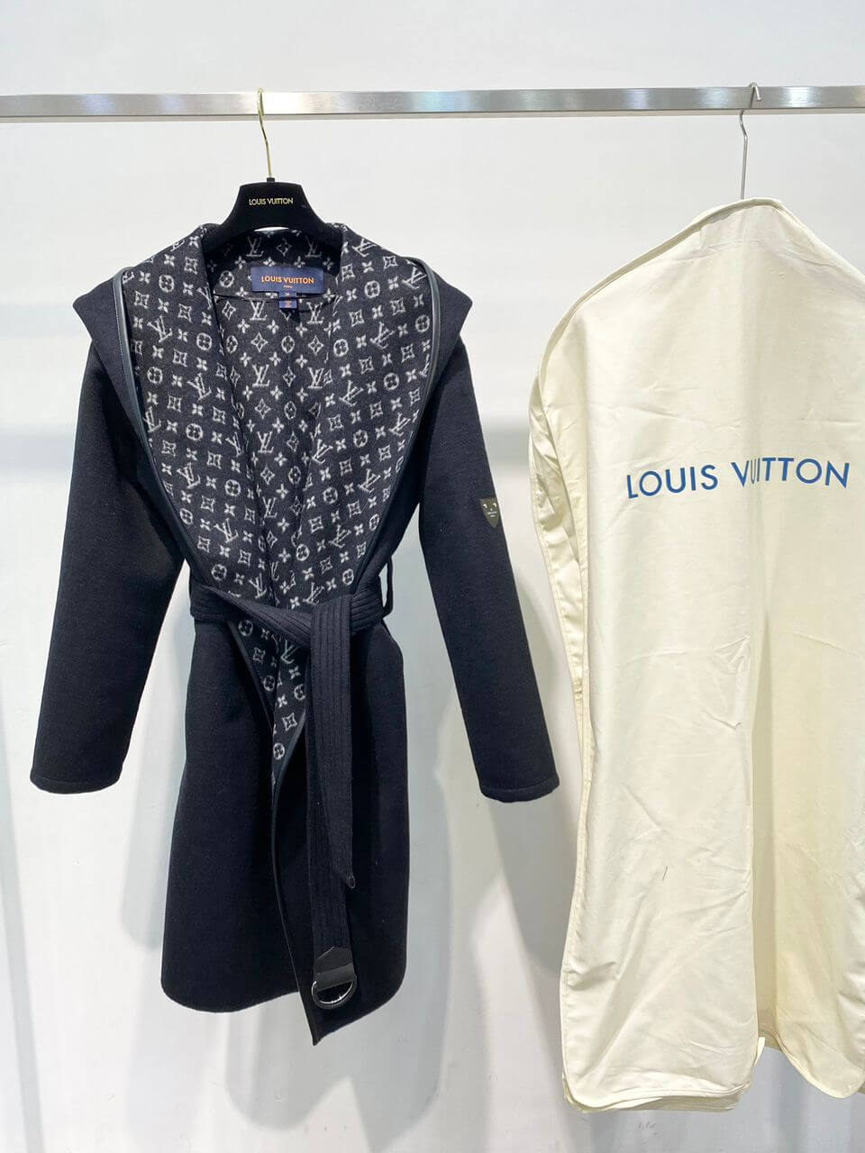 LOUIS VUITTON Hooded Wrap Coat Black White