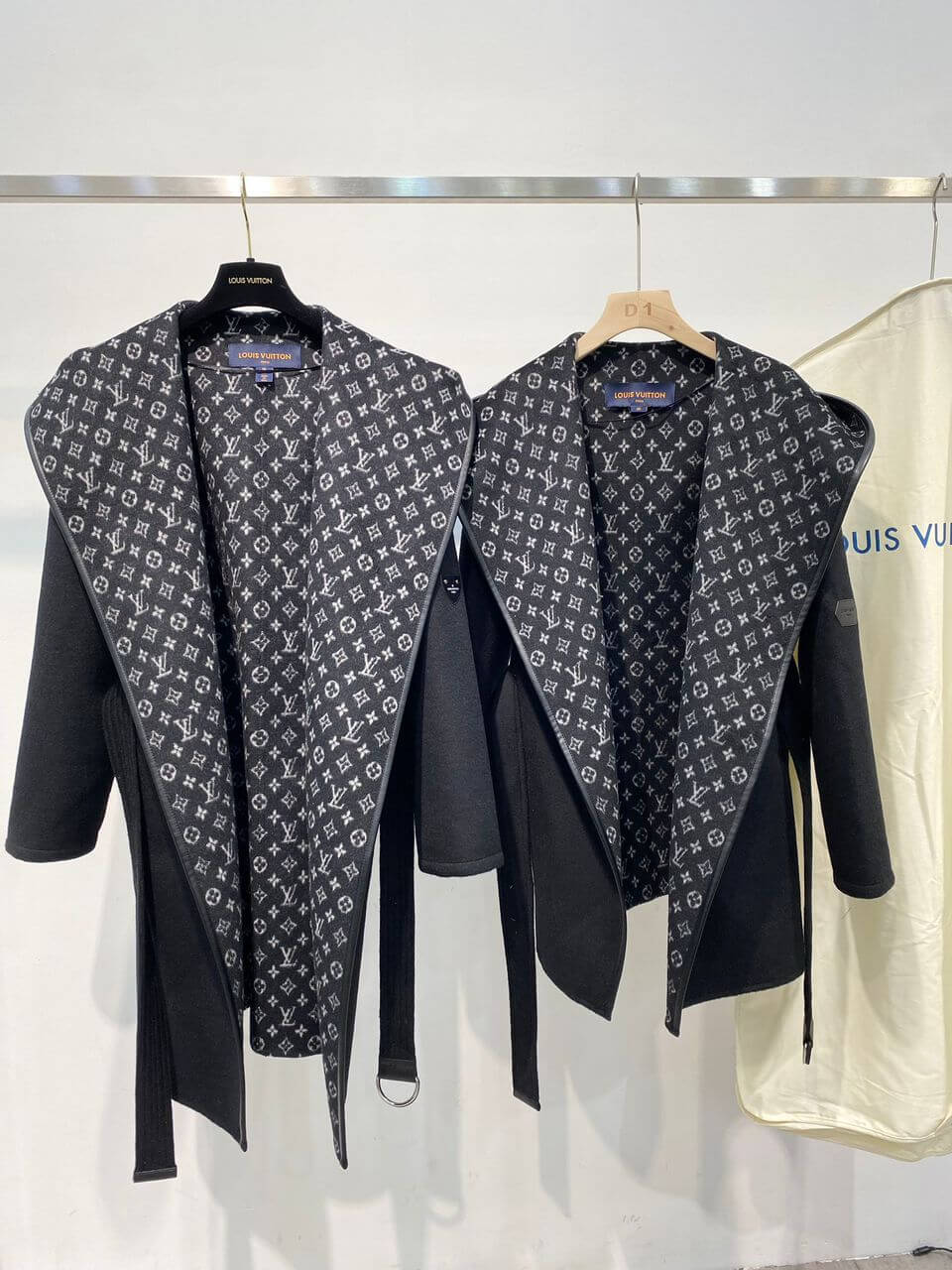 LOUIS VUITTON Hooded Wrap Coat Black White - Image 2